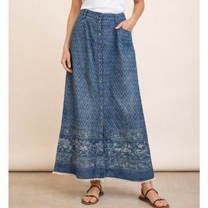 Soft Surroundings Button Down Raw Hem Denim MIDI Skirt